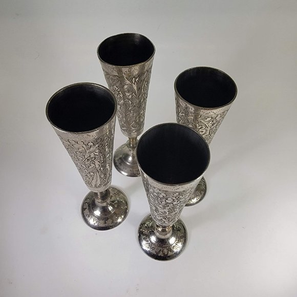 Etched Silver Plate Over Brass Cordial Cup Flute World Gift ZY India 5" set of 4 - Picture 2 of 7